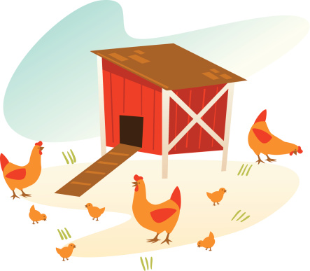 Vintage Style Illustration Of A Chicken Coop Surrounded By Chickens And Chicks