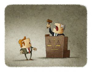 Judge With Court Hammer Passing A Sentence To A Shocked Man. Illustration.