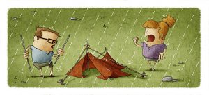 Illustration Of Couple Of Tourists Trying To Set A Camping Tent Under Rain