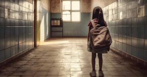 Petite Fille Sac Dos Ecole Dans Couloir Ecole Abandonne Carreaux Ceramique Bleus Murs Reseau Neuronal Genere Mai 2023 
